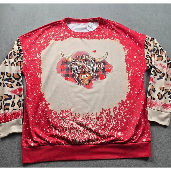 Unbranded Tops - Womens Red Creme Highland Cow Light Sweatshirt‎ Med Leopard Print Sleeve Relaxed